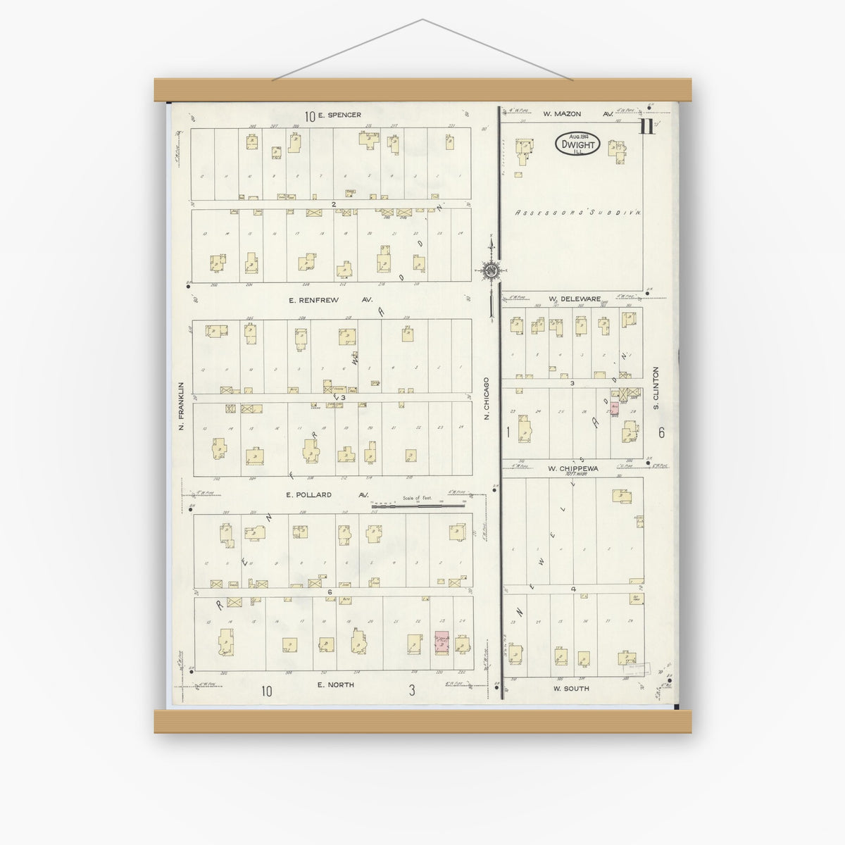 Old map wall art mockup — magnetic wood frame on white wall — Sanborn Fire Insurance Map from Dwight, Livingston County, Illinois (1914), Sheet #0011