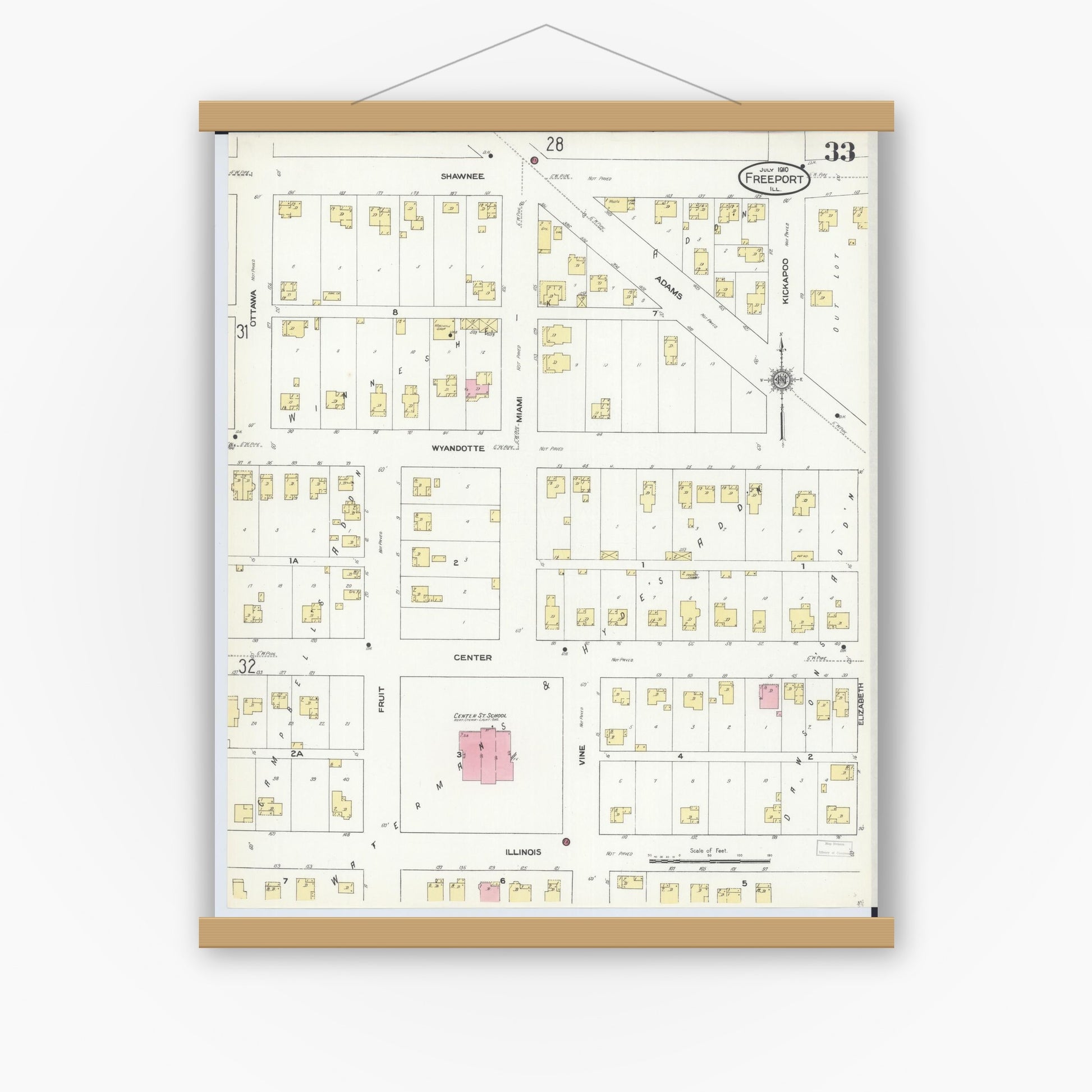Old map wall art mockup — magnetic wood frame on white wall — Sanborn Fire Insurance Map from Freeport, Stephenson County, Illinois (1910), Sheet #0033