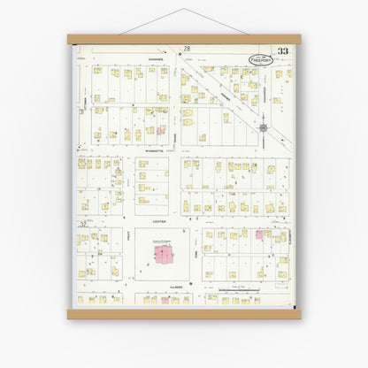 Old map wall art mockup — magnetic wood frame on white wall — Sanborn Fire Insurance Map from Freeport, Stephenson County, Illinois (1910), Sheet #0033