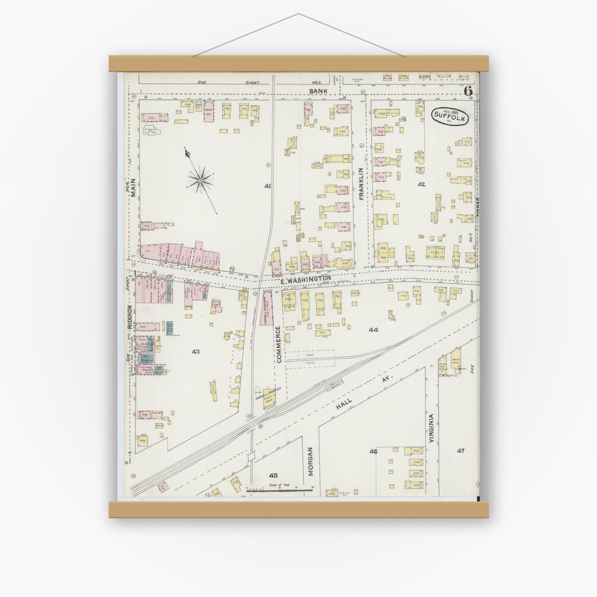 Old map wall art mockup — magnetic wood frame on white wall — Sanborn Fire Insurance Map from Suffolk, Independent Cities, Virginia (1889), Sheet #0006