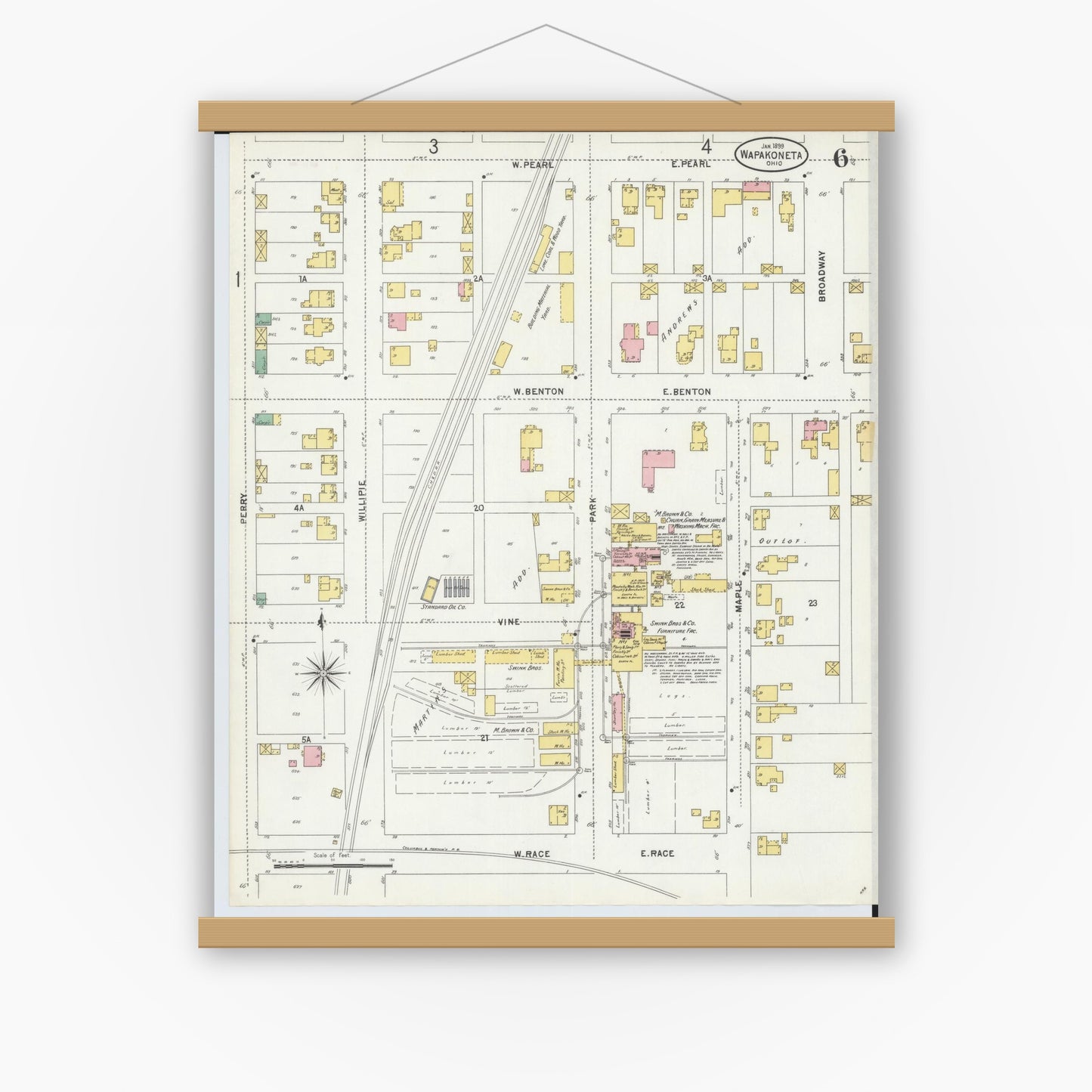 Old map wall art mockup — magnetic wood frame on white wall — Sanborn Fire Insurance Map from Wapakoneta, Auglaize County, Ohio (1899), Sheet #0006