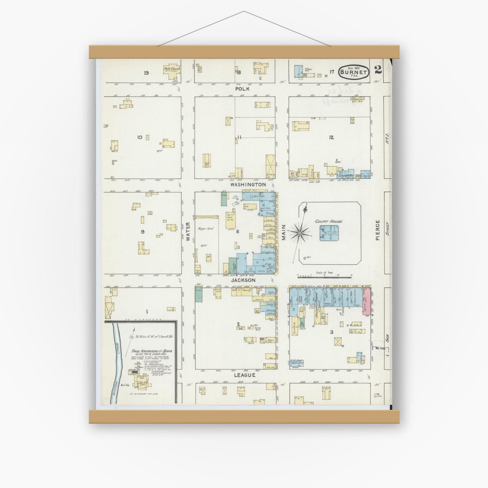 Old map wall art mockup — magnetic wood frame on white wall — Sanborn Fire Insurance Map from Burnet, Burnet County, Texas (1891), Sheet #0002