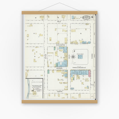 Old map wall art mockup — magnetic wood frame on white wall — Sanborn Fire Insurance Map from Burnet, Burnet County, Texas (1891), Sheet #0002