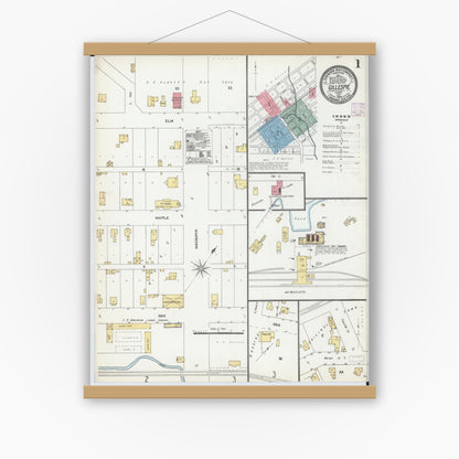 Old map wall art mockup — magnetic wood frame on white wall — Sanborn Fire Insurance Map from Gillespie, Macoupin County, Illinois (1906), Sheet #0001