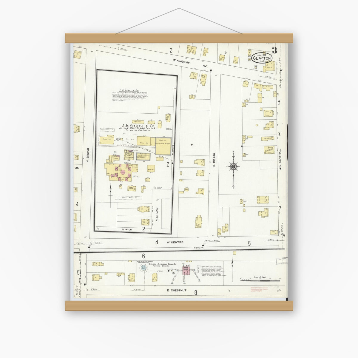 Old map wall art mockup — magnetic wood frame on white wall — Sanborn Fire Insurance Map from Clayton, Gloucester County, New Jersey (1910), Sheet #0003