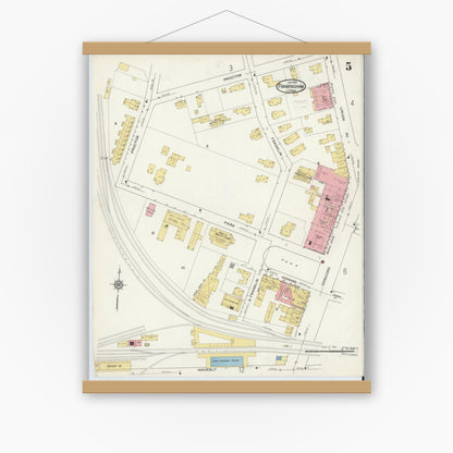 Old map wall art mockup — magnetic wood frame on white wall — Sanborn Fire Insurance Map from Framingham, Middlesex County, Massachusetts (1915), Sheet #0005
