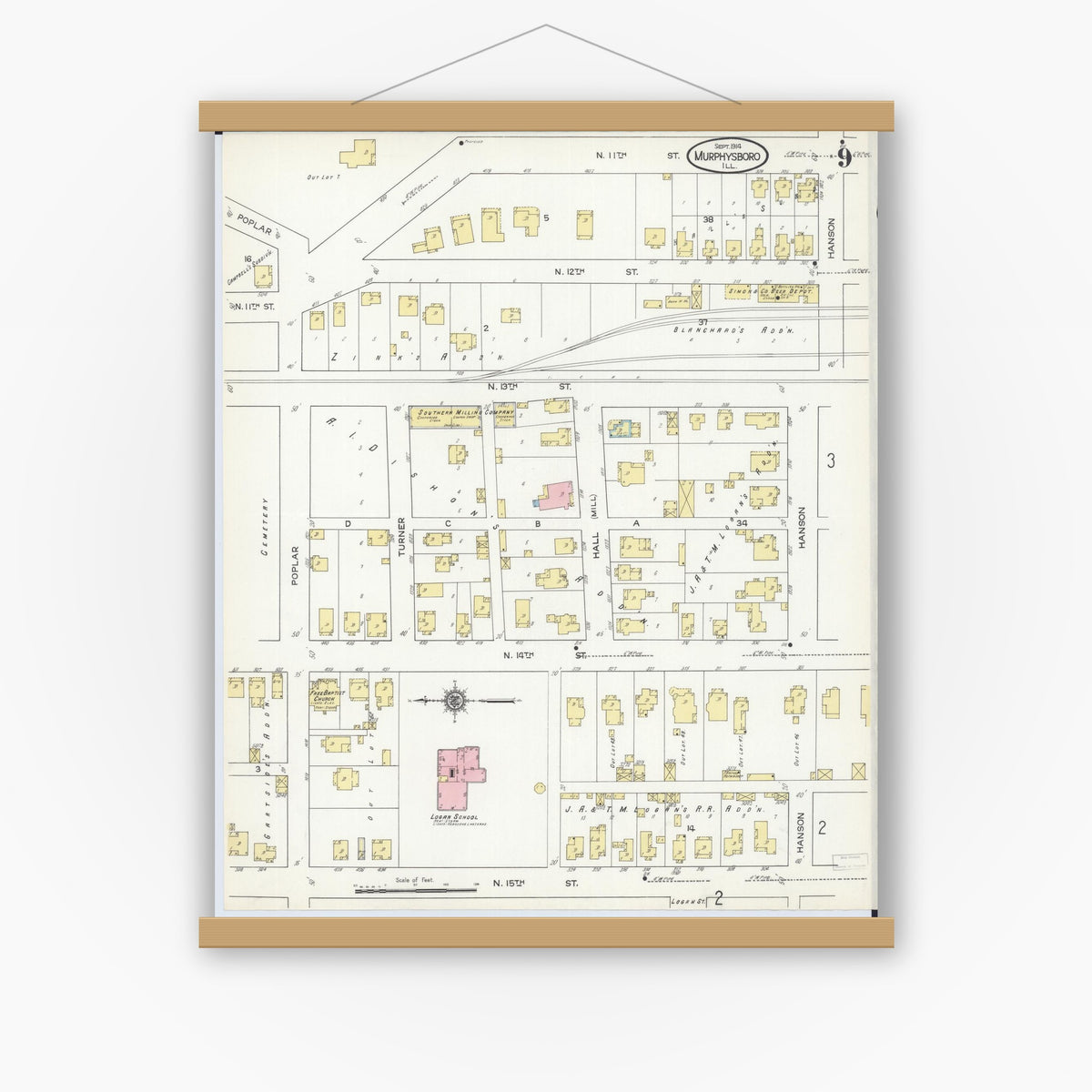Old map wall art mockup — magnetic wood frame on white wall — Sanborn Fire Insurance Map from Murphysboro, Jackson County, Illinois (1914), Sheet #0009