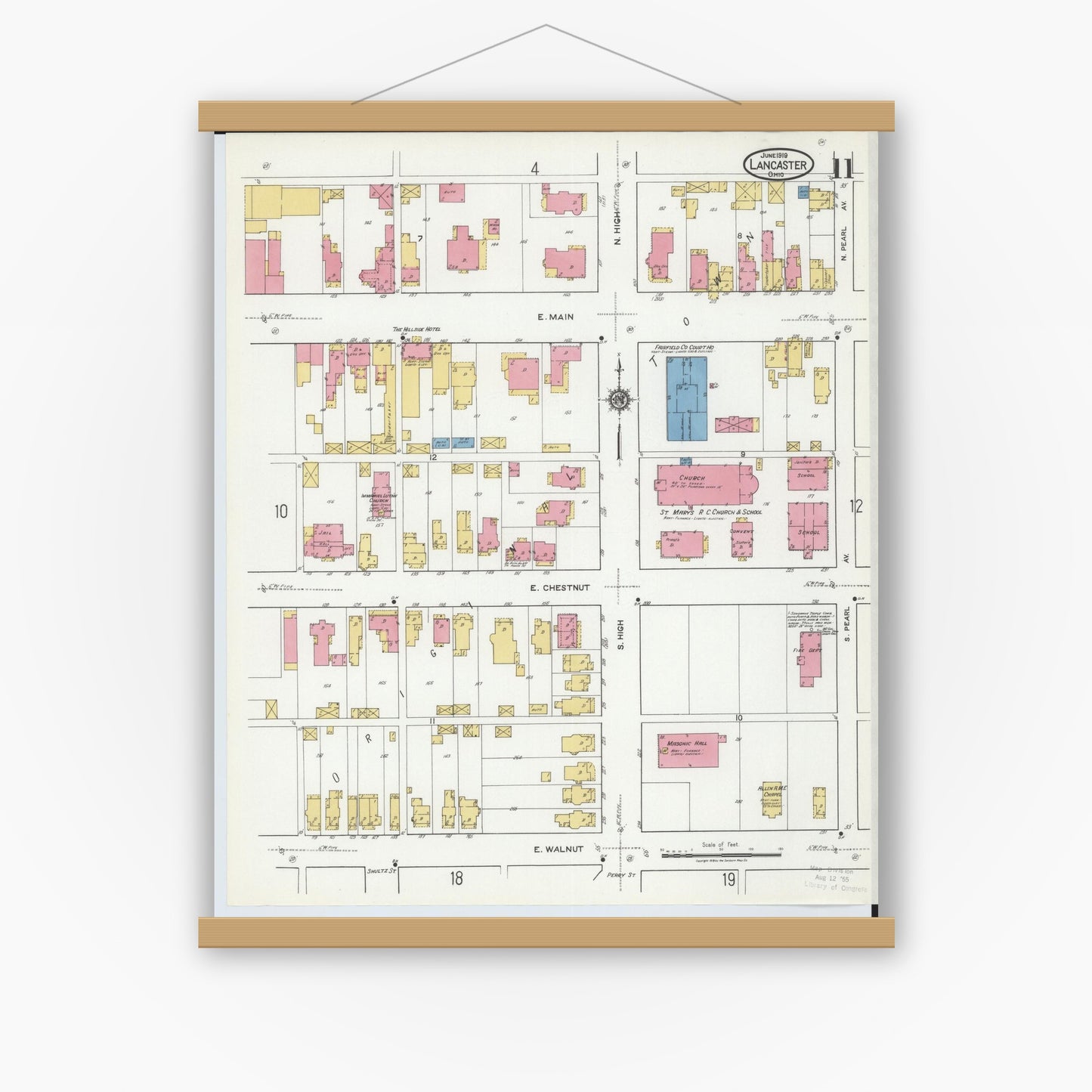 Old map wall art mockup — magnetic wood frame on white wall — Sanborn Fire Insurance Map from Lancaster, Fairfield County, Ohio (1919), Sheet #0011