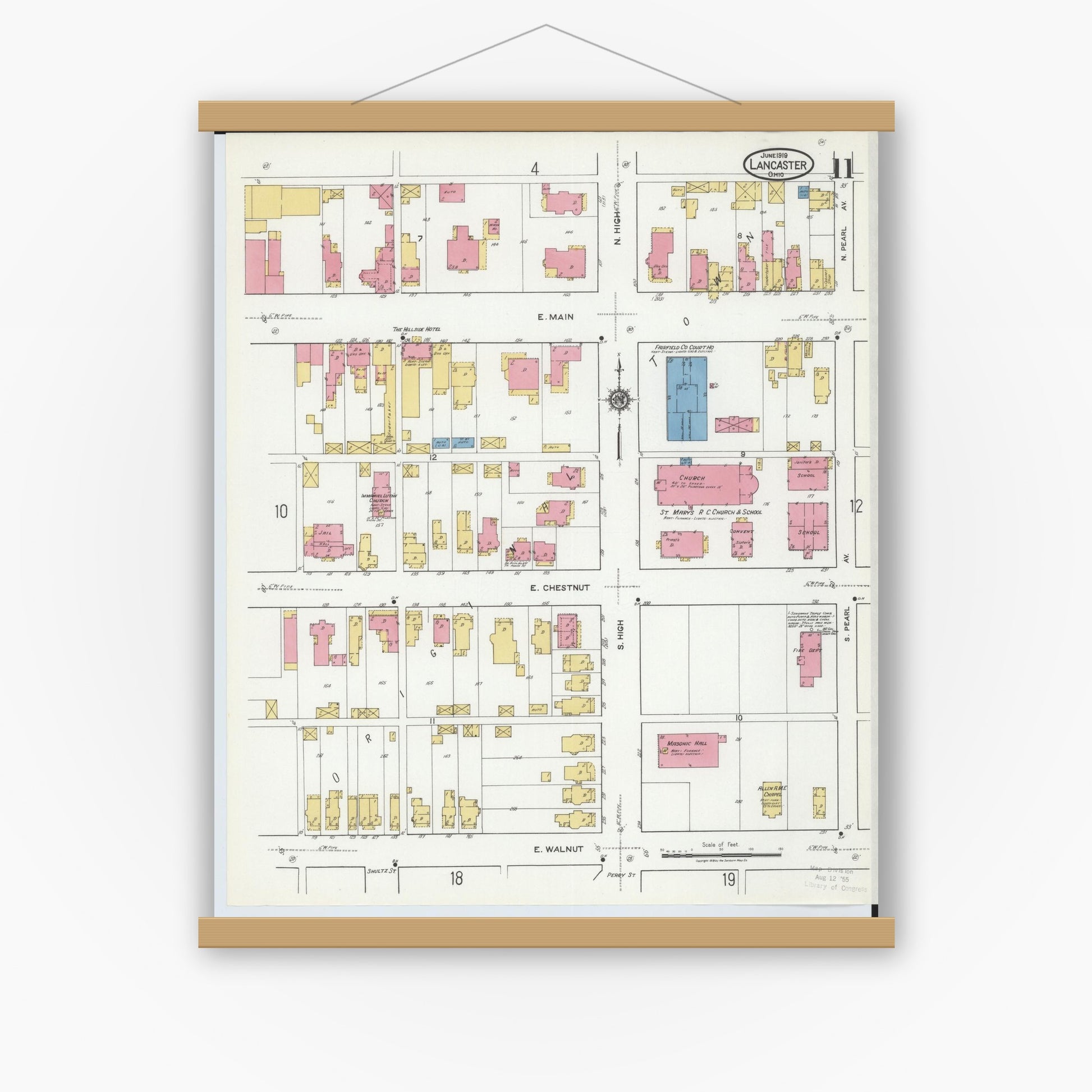 Old map wall art mockup — magnetic wood frame on white wall — Sanborn Fire Insurance Map from Lancaster, Fairfield County, Ohio (1919), Sheet #0011