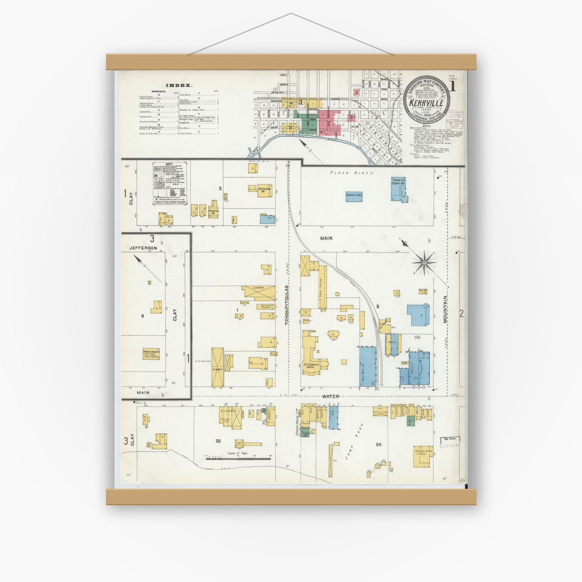 Old map wall art mockup — magnetic wood frame on white wall — Sanborn Fire Insurance Map from Kerrville, Kerr County, Texas (1904) - Complete Map Set