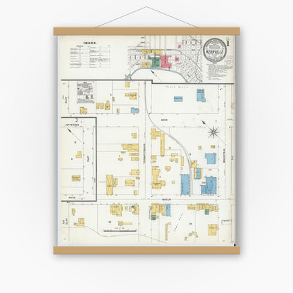 Old map wall art mockup — magnetic wood frame on white wall — Sanborn Fire Insurance Map from Kerrville, Kerr County, Texas (1904) - Complete Map Set
