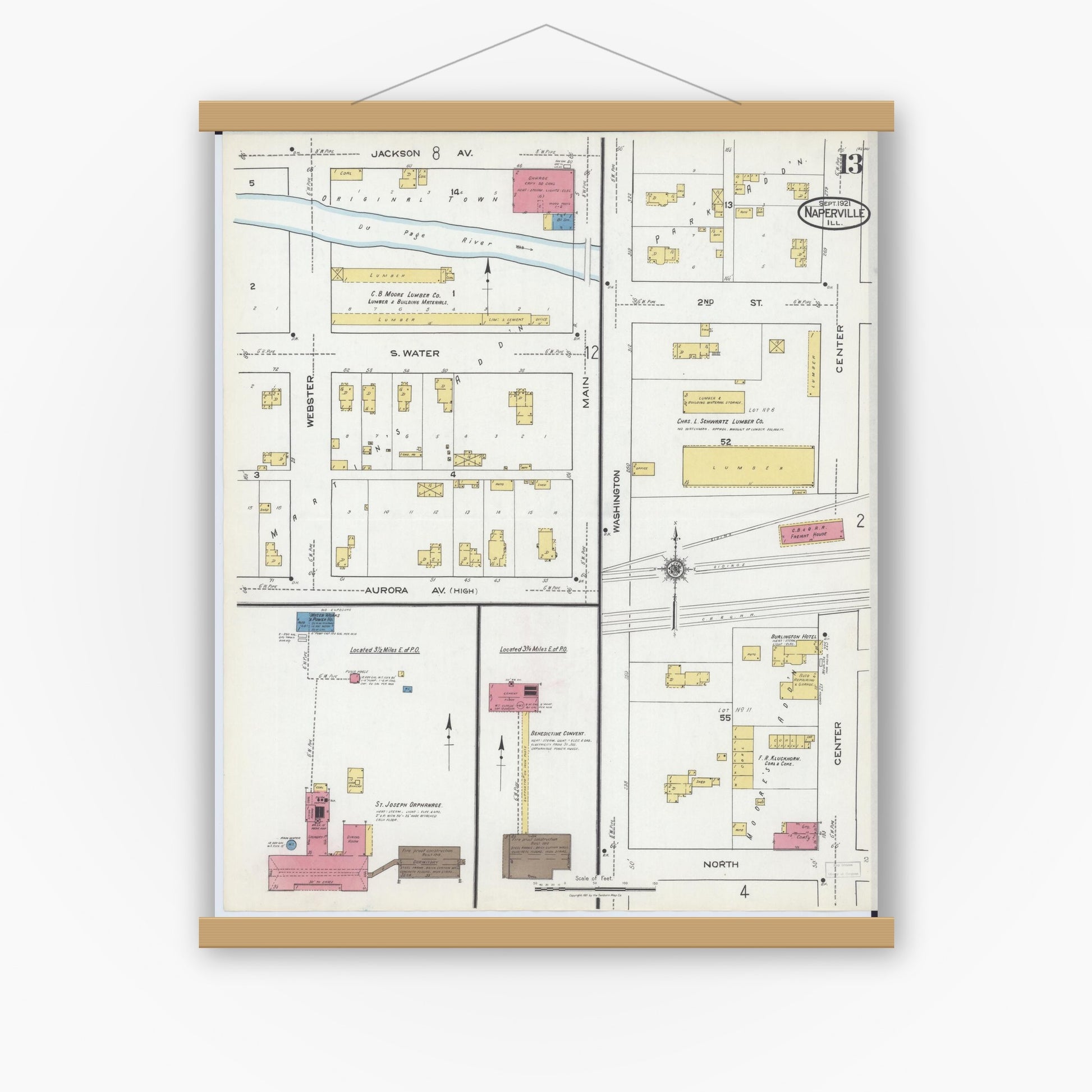 Old map wall art mockup — magnetic wood frame on white wall — Sanborn Fire Insurance Map from Naperville, Du Page County, Illinois (1921), Sheet #0013