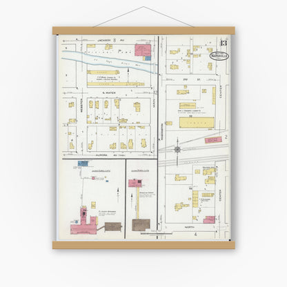 Old map wall art mockup — magnetic wood frame on white wall — Sanborn Fire Insurance Map from Naperville, Du Page County, Illinois (1921), Sheet #0013