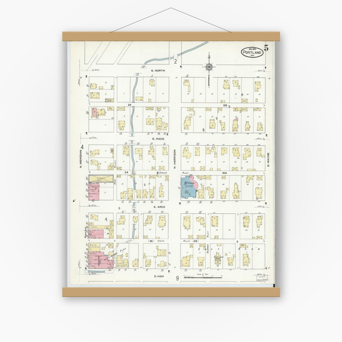 Old map wall art mockup — magnetic wood frame on white wall — Sanborn Fire Insurance Map from Portland, Jay County, Indiana (1910), Sheet #0005