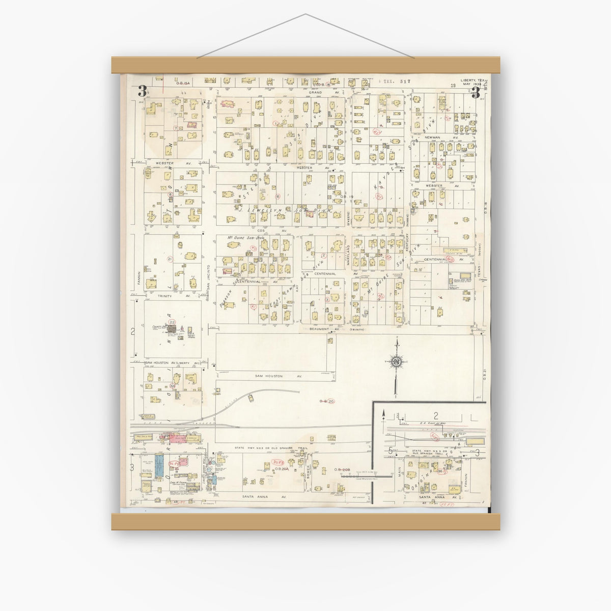 Old map wall art mockup — magnetic wood frame on white wall — Sanborn Fire Insurance Map from Liberty, Liberty County, Texas (1945), Sheet #0003
