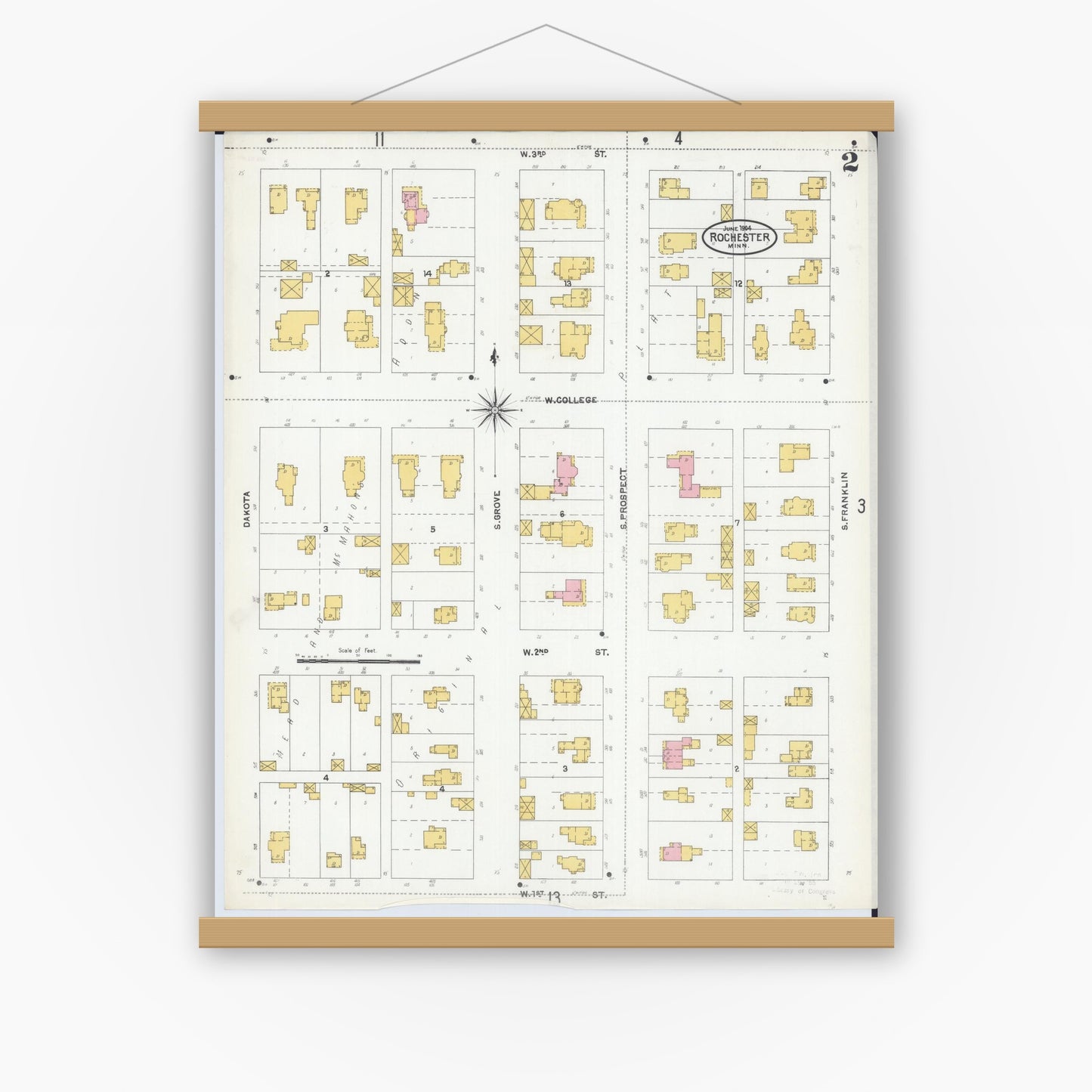 Old map wall art mockup — magnetic wood frame on white wall — Sanborn Fire Insurance Map from Rochester, Olmsted County, Minnesota (1904), Sheet #0002