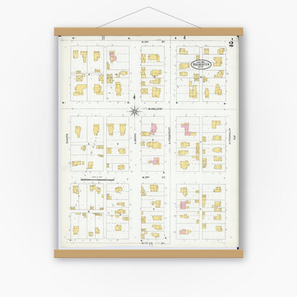 Old map wall art mockup — magnetic wood frame on white wall — Sanborn Fire Insurance Map from Rochester, Olmsted County, Minnesota (1904), Sheet #0002