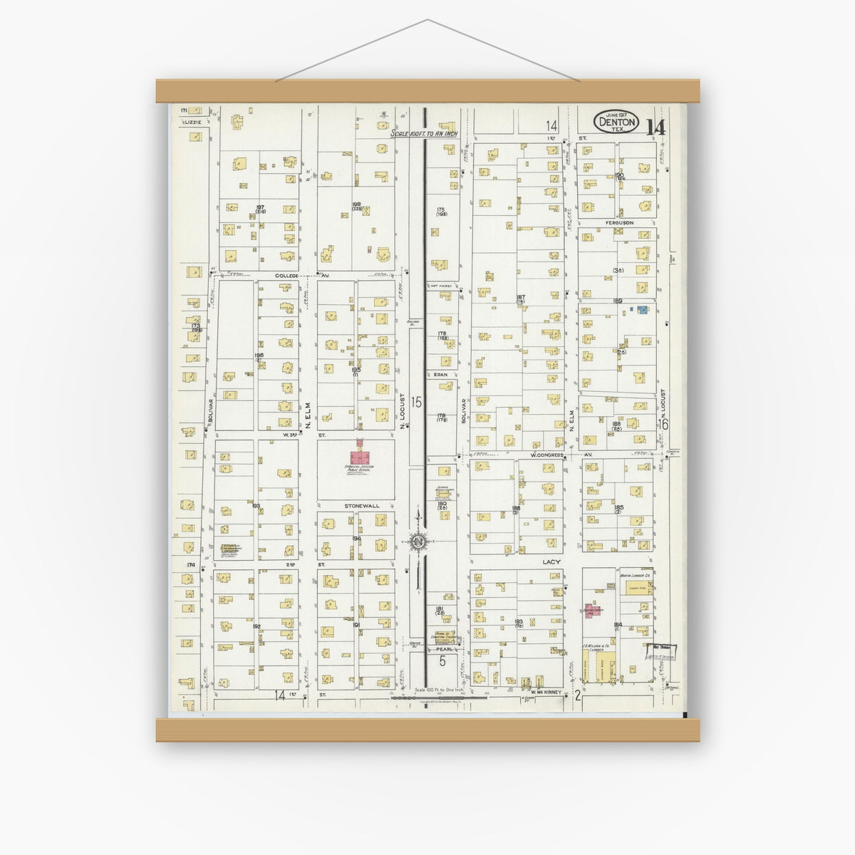 Old map wall art mockup — magnetic wood frame on white wall — Sanborn Fire Insurance Map from Denton, Denton County, Texas (1917), Sheet #0014