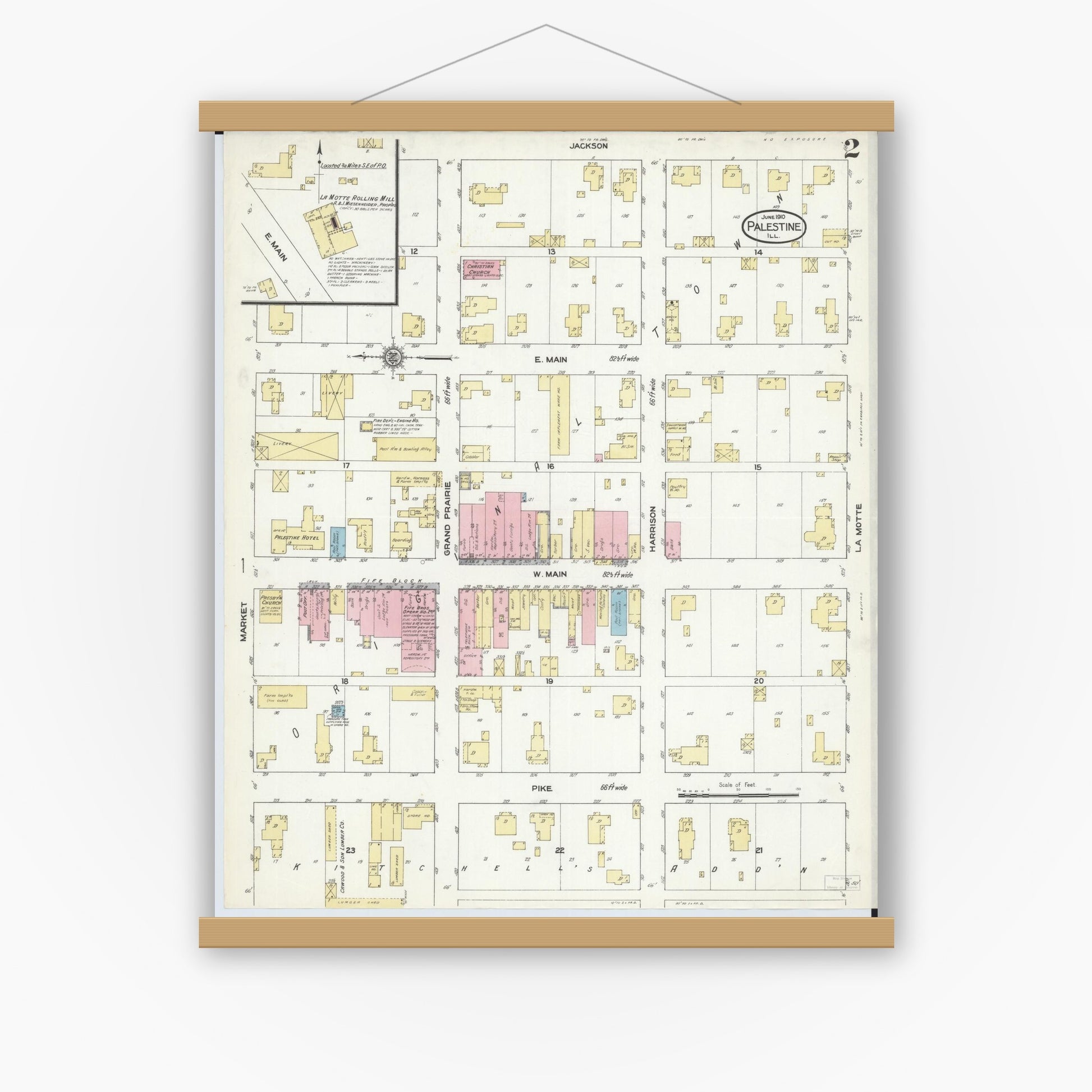 Old map wall art mockup — magnetic wood frame on white wall — Sanborn Fire Insurance Map from Palestine, Crawford County, Illinois (1910), Sheet #0002