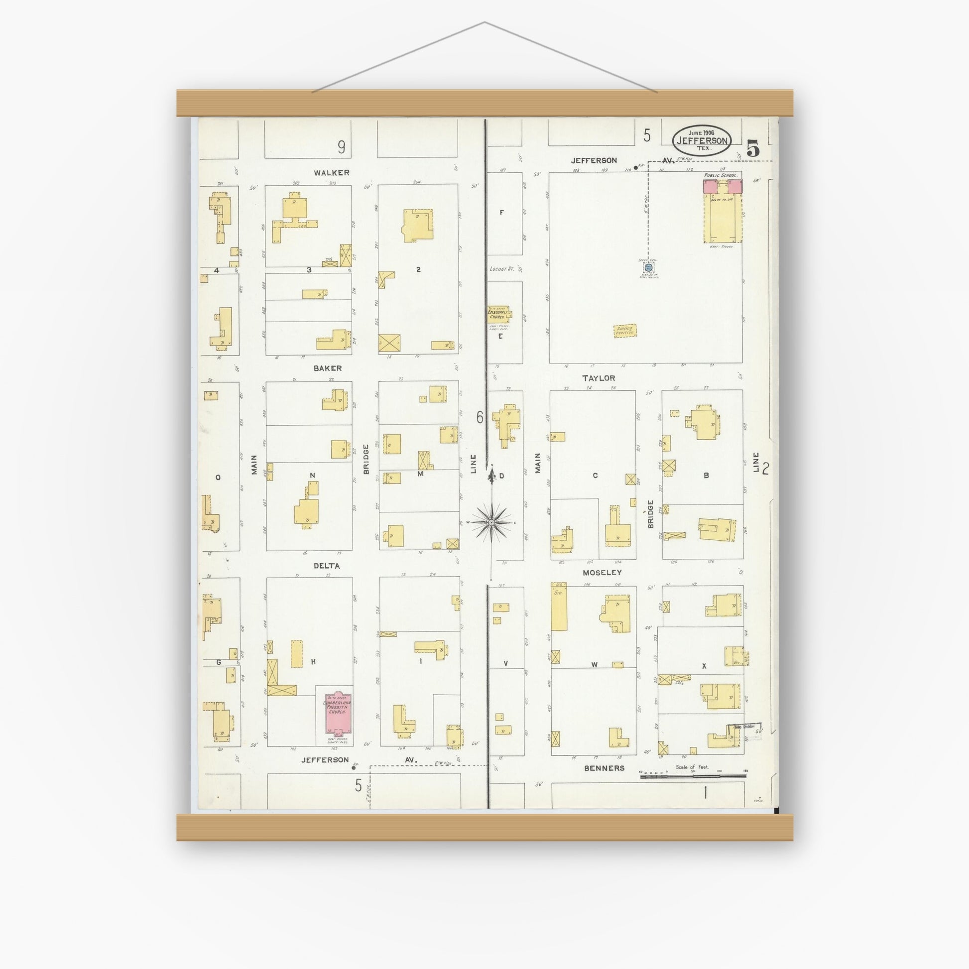 Old map wall art mockup — magnetic wood frame on white wall — Sanborn Fire Insurance Map from Jefferson, Marion County, Texas (1906), Sheet #0005