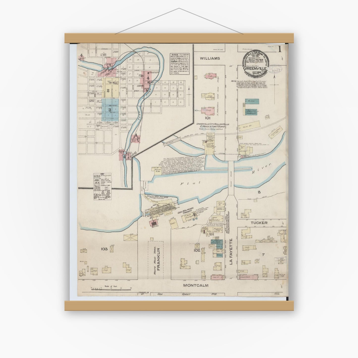 Old map wall art mockup — magnetic wood frame on white wall — Sanborn Fire Insurance Map from Greenville, Montcalm County, Michigan (1884) - Complete Map Set