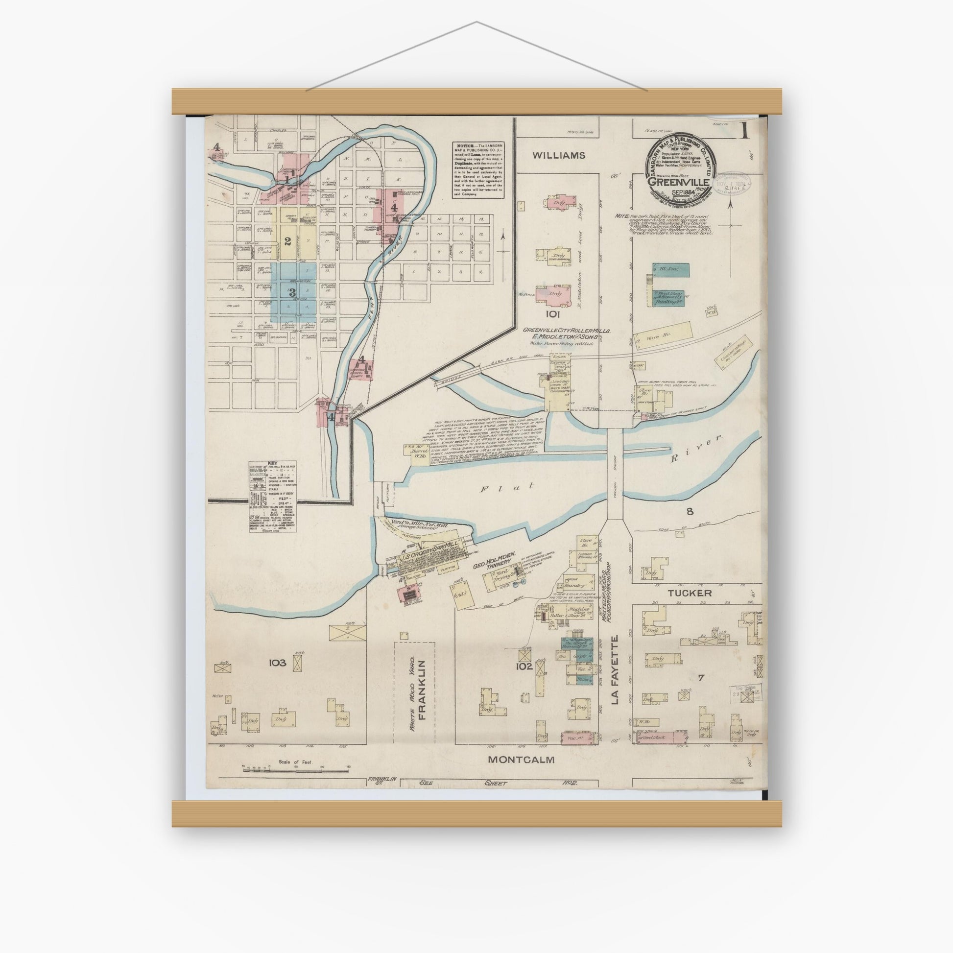 Old map wall art mockup — magnetic wood frame on white wall — Sanborn Fire Insurance Map from Greenville, Montcalm County, Michigan (1884) - Complete Map Set