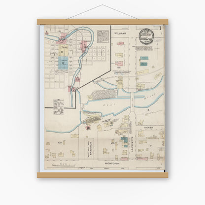 Old map wall art mockup — magnetic wood frame on white wall — Sanborn Fire Insurance Map from Greenville, Montcalm County, Michigan (1884) - Complete Map Set