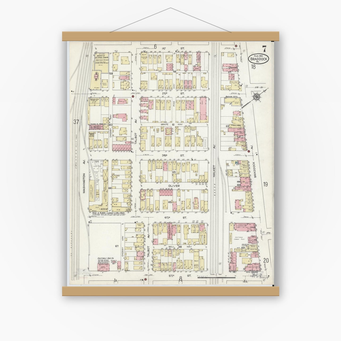 Old map wall art mockup — magnetic wood frame on white wall — Sanborn Fire Insurance Map from Braddock, Allegheny County, Pennsylvania (1914), Sheet #0007
