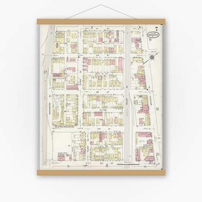 Old map wall art mockup — magnetic wood frame on white wall — Sanborn Fire Insurance Map from Braddock, Allegheny County, Pennsylvania (1914), Sheet #0007