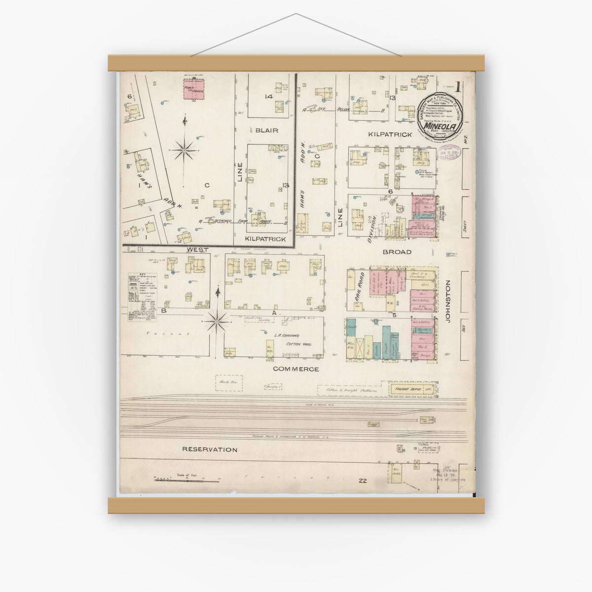 Old map wall art mockup — magnetic wood frame on white wall — Sanborn Fire Insurance Map from Mineola, Wood County, Texas (1885), Sheet #0001