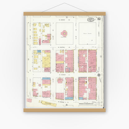 Old map wall art mockup — magnetic wood frame on white wall — Sanborn Fire Insurance Map from Temple, Bell County, Texas (1915), Sheet #0012