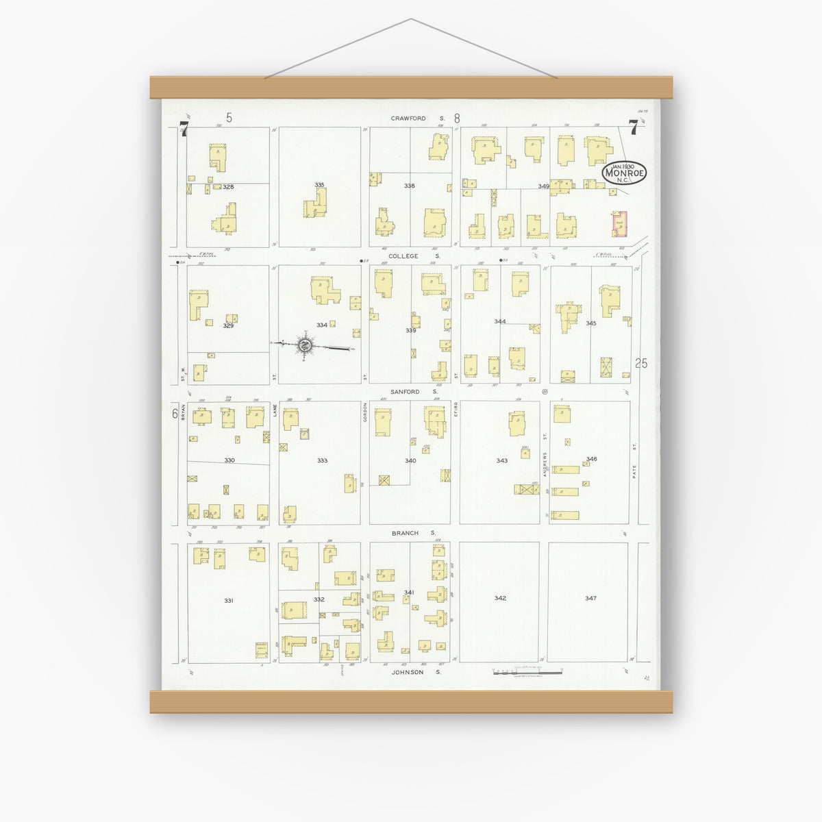 Old map wall art mockup — magnetic wood frame on white wall — Sanborn Fire Insurance Map from Monroe, Union County, North Carolina (1930), Sheet #0007