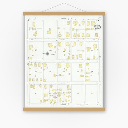 Old map wall art mockup — magnetic wood frame on white wall — Sanborn Fire Insurance Map from Monroe, Union County, North Carolina (1930), Sheet #0007