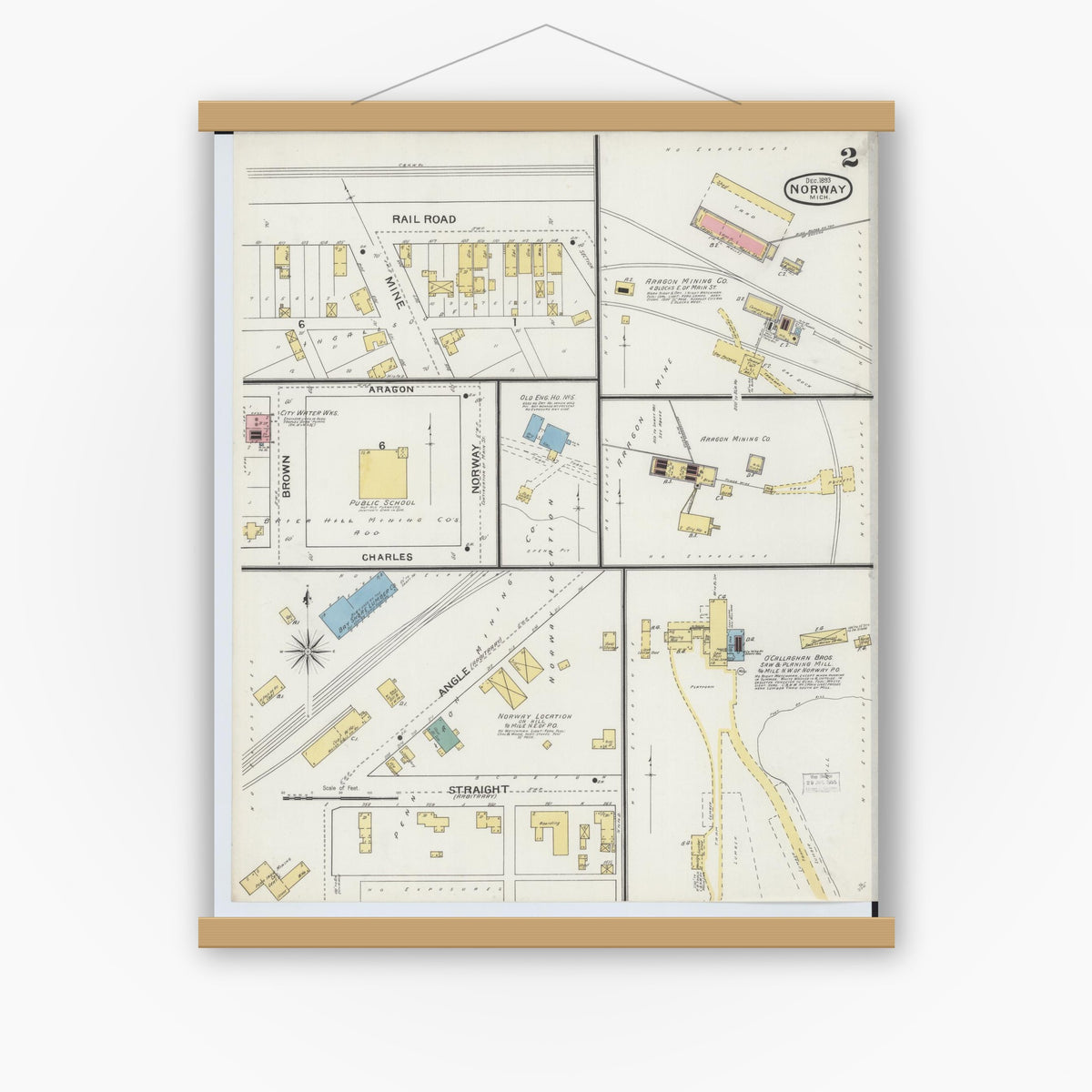 Old map wall art mockup — magnetic wood frame on white wall — Sanborn Fire Insurance Map from Norway, Dickinson County, Michigan (1893), Sheet #0002