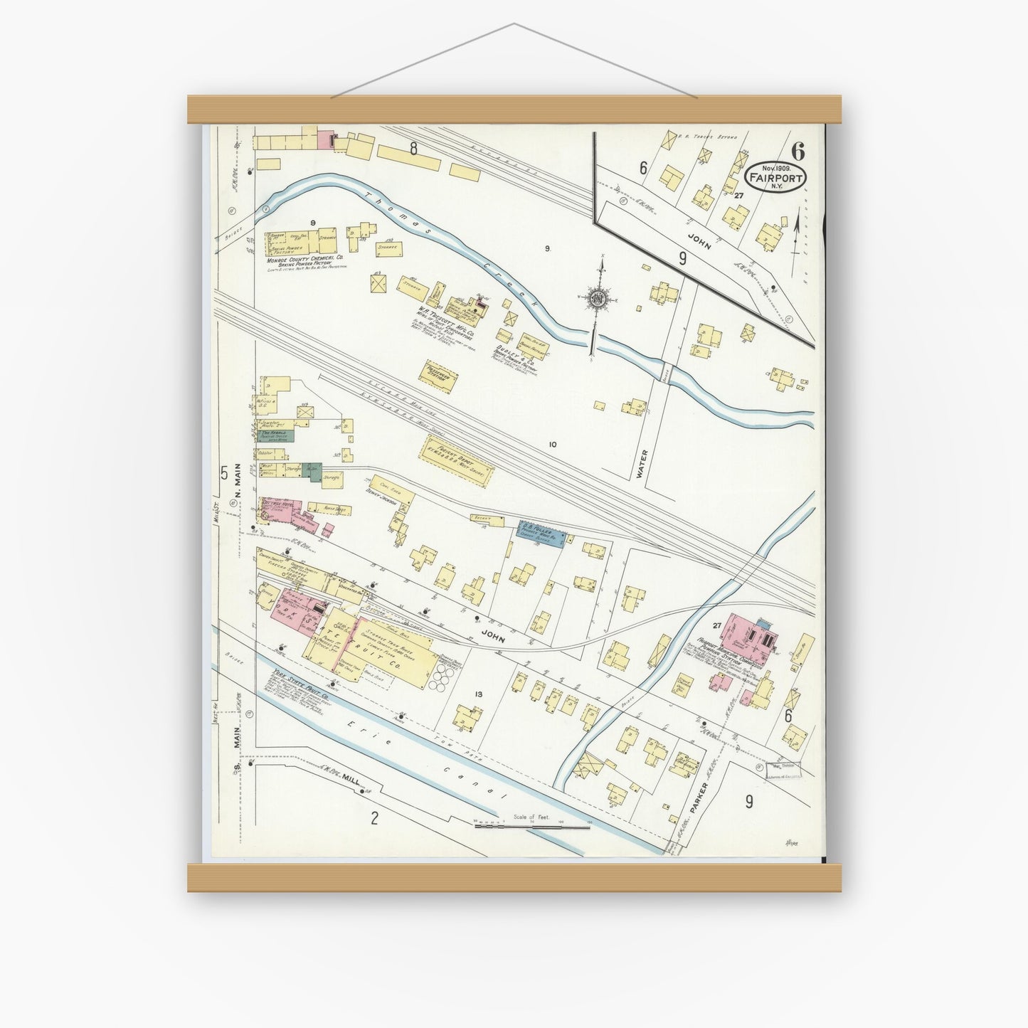 Old map wall art mockup — magnetic wood frame on white wall — Sanborn Fire Insurance Map from Fairport, Monroe County, New York (1909), Sheet #0006