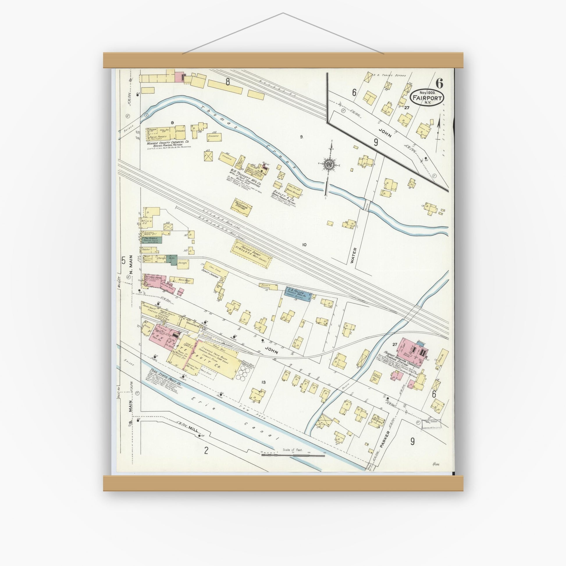 Old map wall art mockup — magnetic wood frame on white wall — Sanborn Fire Insurance Map from Fairport, Monroe County, New York (1909), Sheet #0006