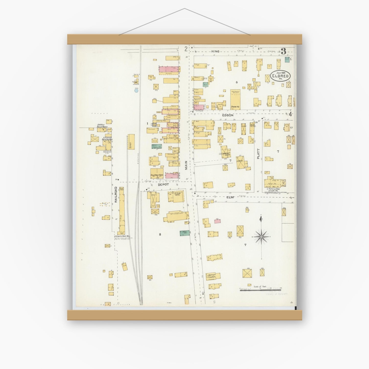 Old map wall art mockup — magnetic wood frame on white wall — Sanborn Fire Insurance Map from Eldred, McKean County, Pennsylvania (1904), Sheet #0003