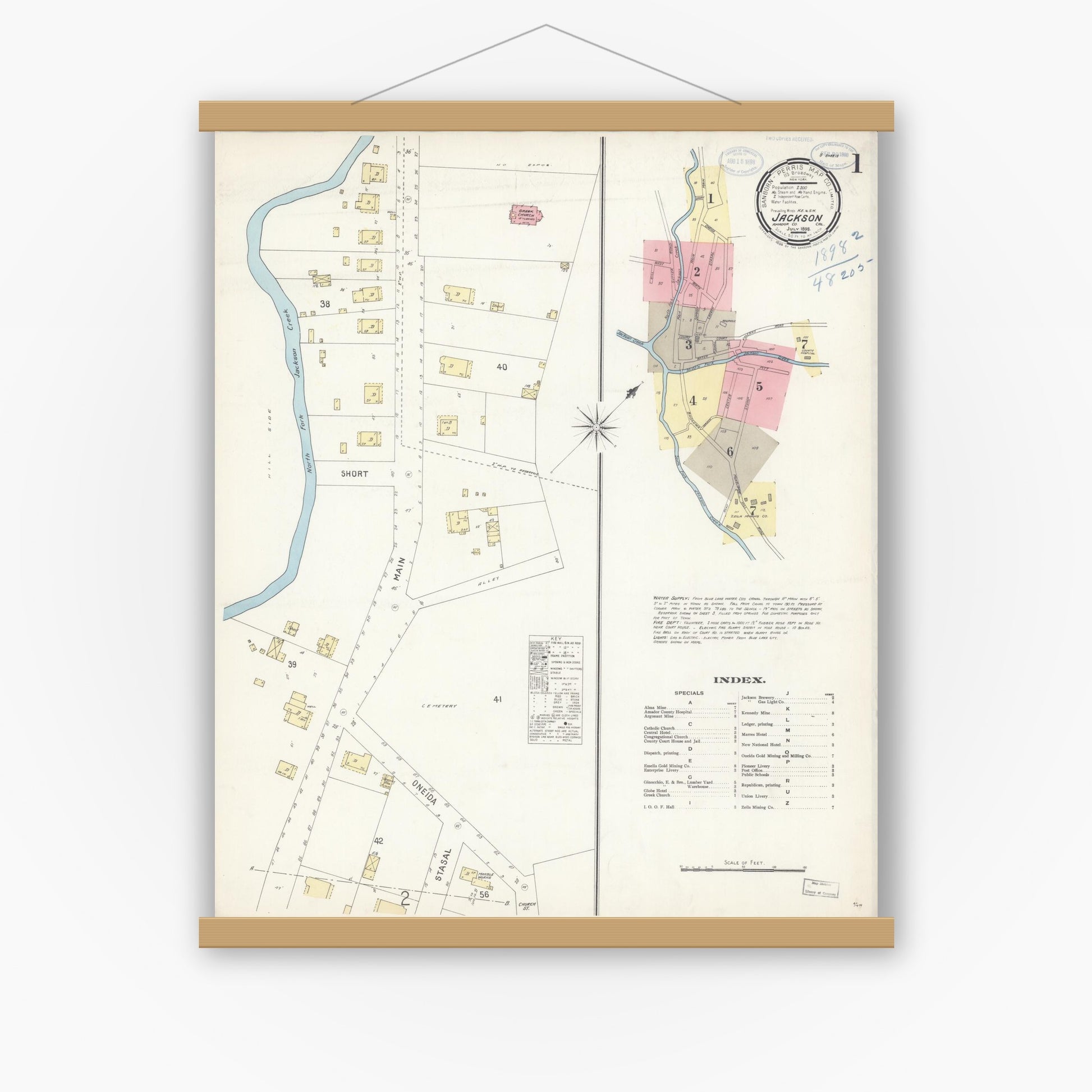 Old map wall art mockup — magnetic wood frame on white wall — Sanborn Fire Insurance Map from Jackson, Amador County, California (1898) - Complete Map Set