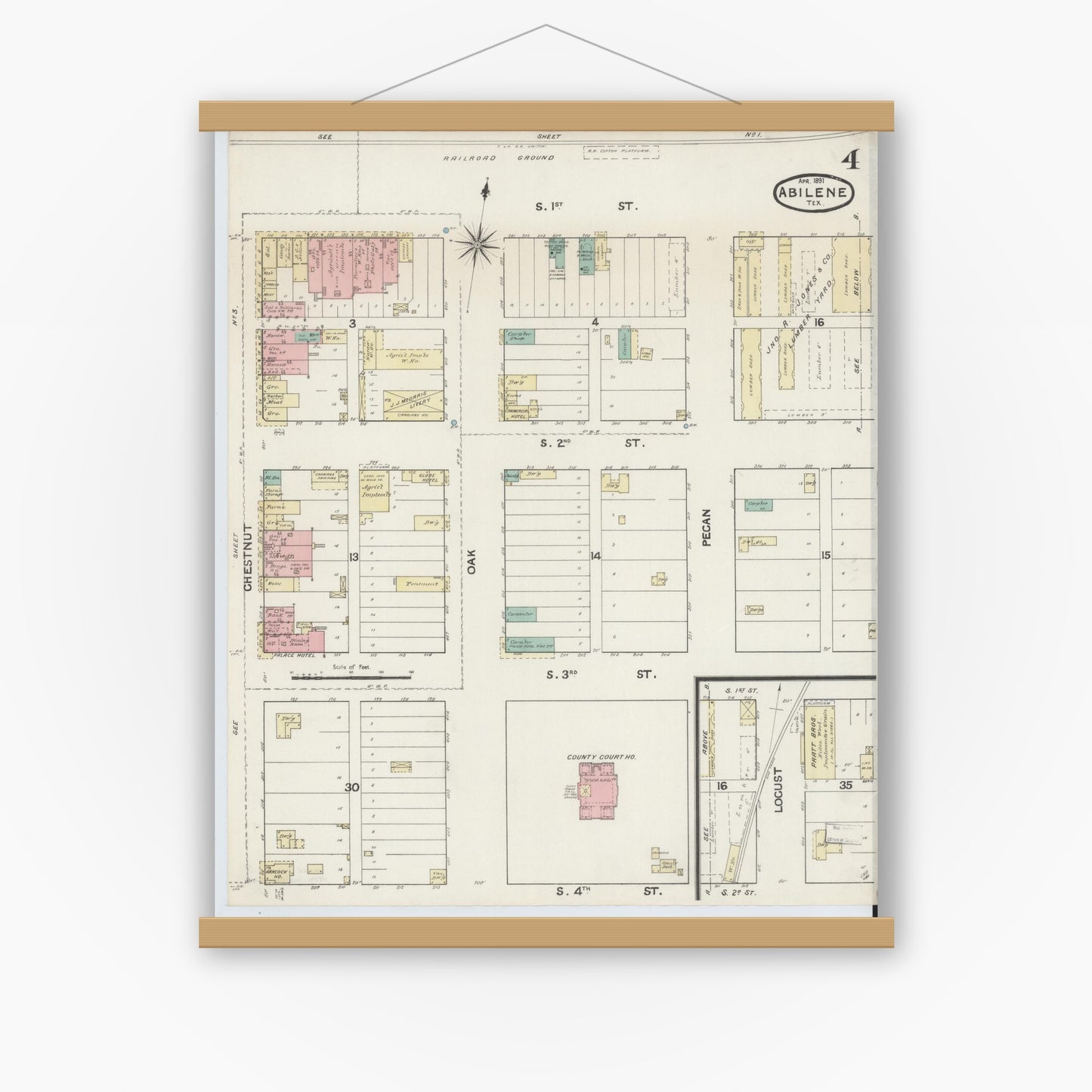 Old map wall art mockup — magnetic wood frame on white wall — Sanborn Fire Insurance Map from Abilene, Taylor County, Texas (1891), Sheet #0004