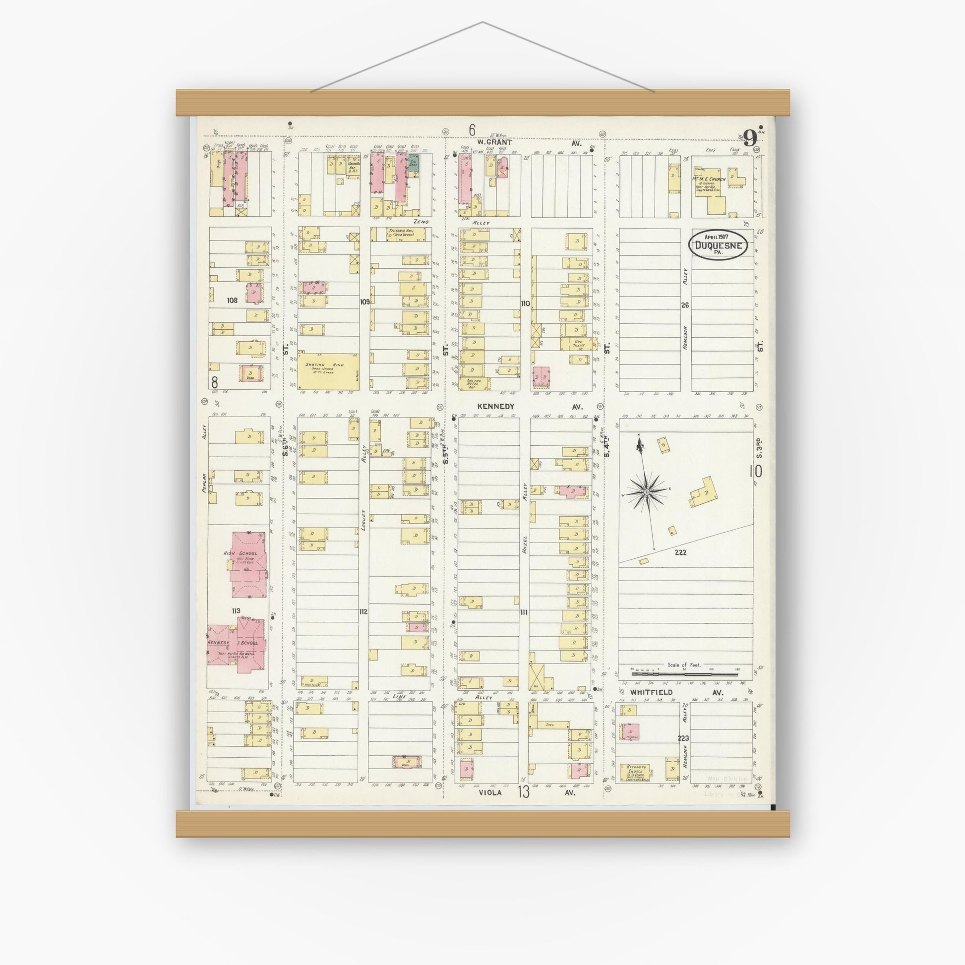 Old map wall art mockup — magnetic wood frame on white wall — Sanborn Fire Insurance Map from Duquesne, Allegheny County, Pennsylvania (1907), Sheet #0009