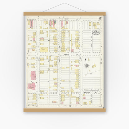 Old map wall art mockup — magnetic wood frame on white wall — Sanborn Fire Insurance Map from Duquesne, Allegheny County, Pennsylvania (1907), Sheet #0009