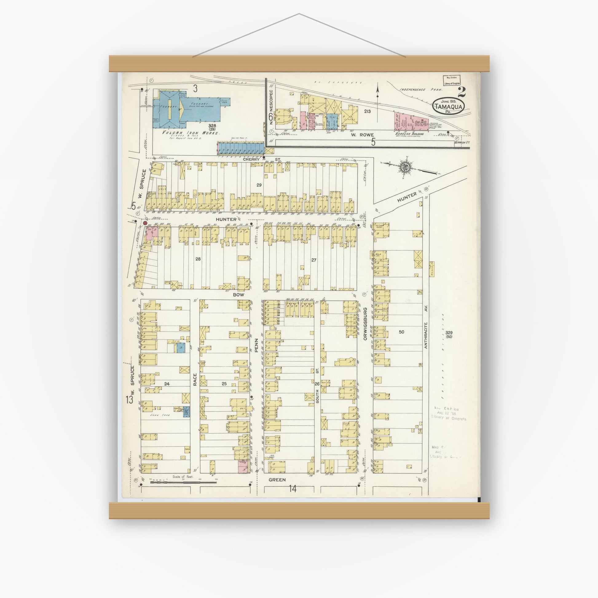 Old map wall art mockup — magnetic wood frame on white wall — Sanborn Fire Insurance Map from Tamaqua, Schuylkill County, Pennsylvania (1915), Sheet #0002