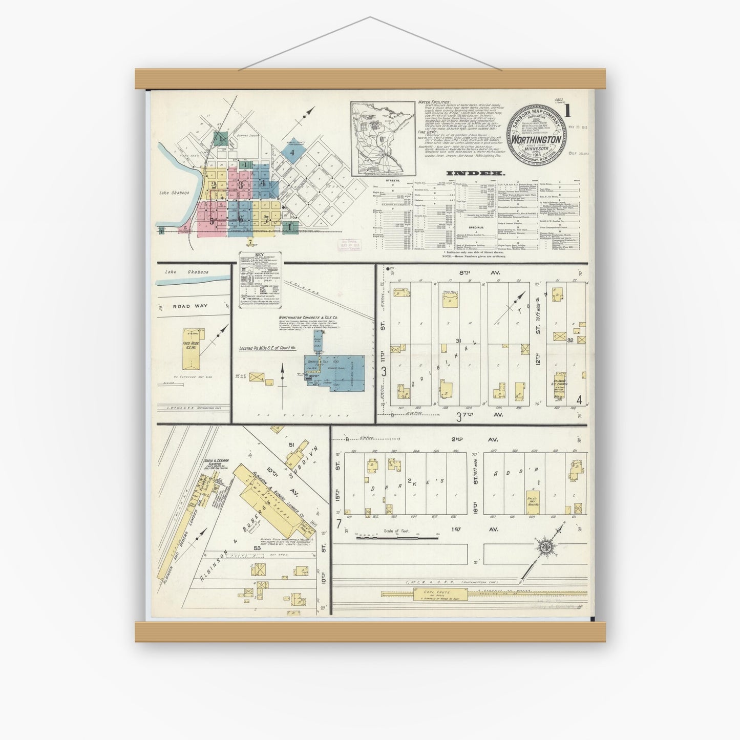 Old map wall art mockup — magnetic wood frame on white wall — Sanborn Fire Insurance Map from Worthington, Nobles County, Minnesota (1913) - Complete Map Set