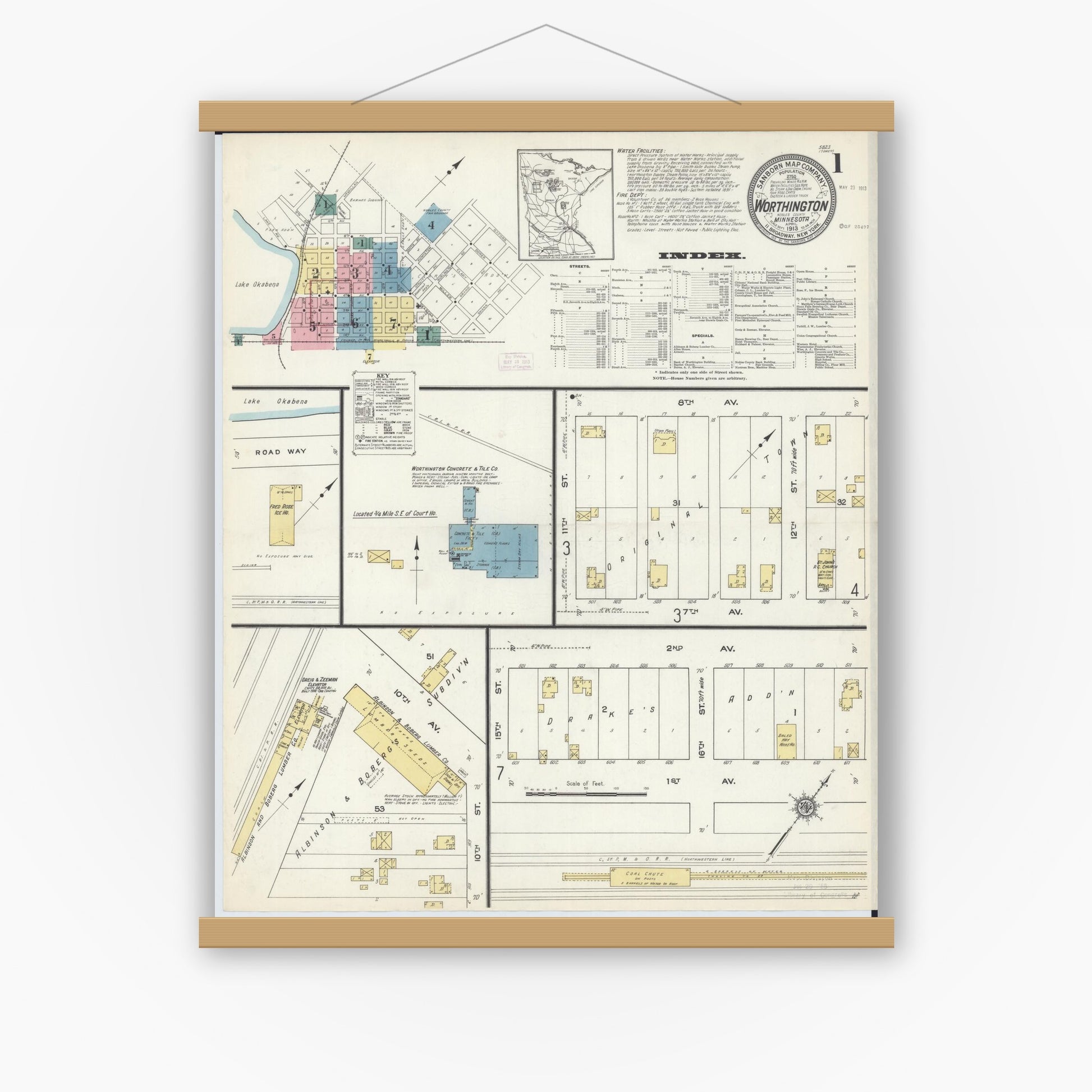 Old map wall art mockup — magnetic wood frame on white wall — Sanborn Fire Insurance Map from Worthington, Nobles County, Minnesota (1913) - Complete Map Set
