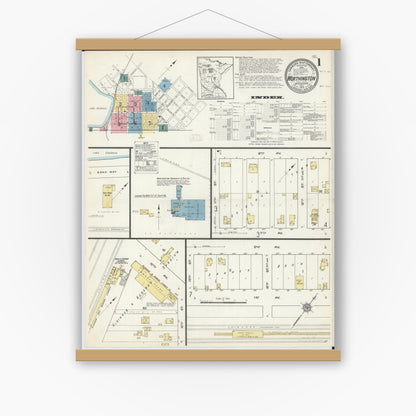 Old map wall art mockup — magnetic wood frame on white wall — Sanborn Fire Insurance Map from Worthington, Nobles County, Minnesota (1913) - Complete Map Set