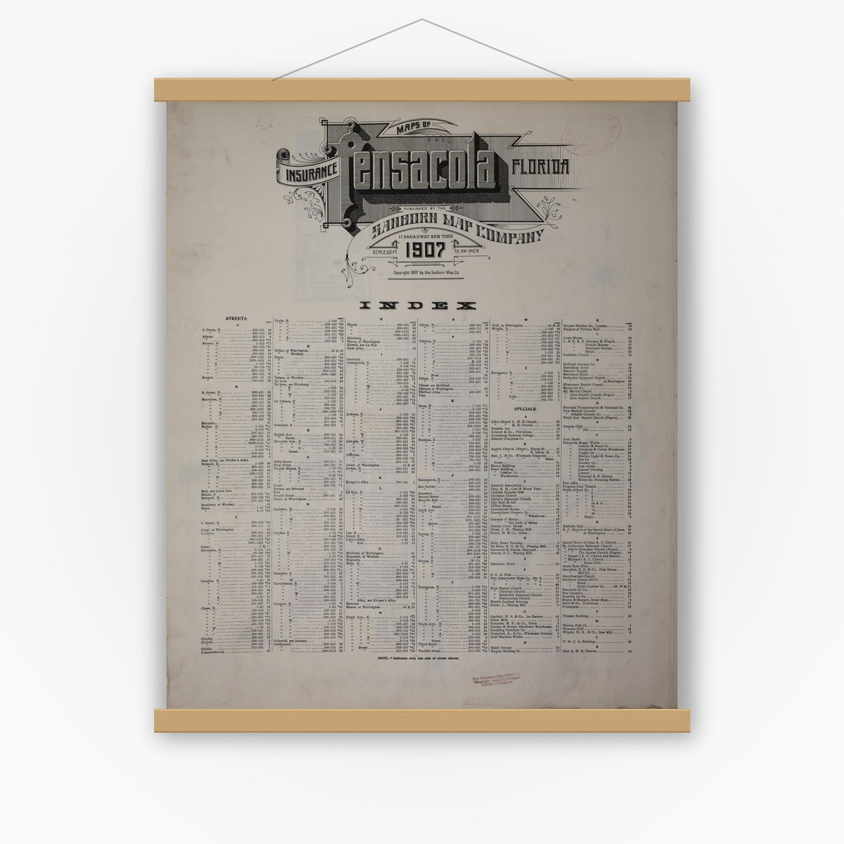 Old map wall art mockup — magnetic wood frame on white wall — Sanborn Fire Insurance Map from Pensacola, Escambia County, Florida (1907), Sheet #0001