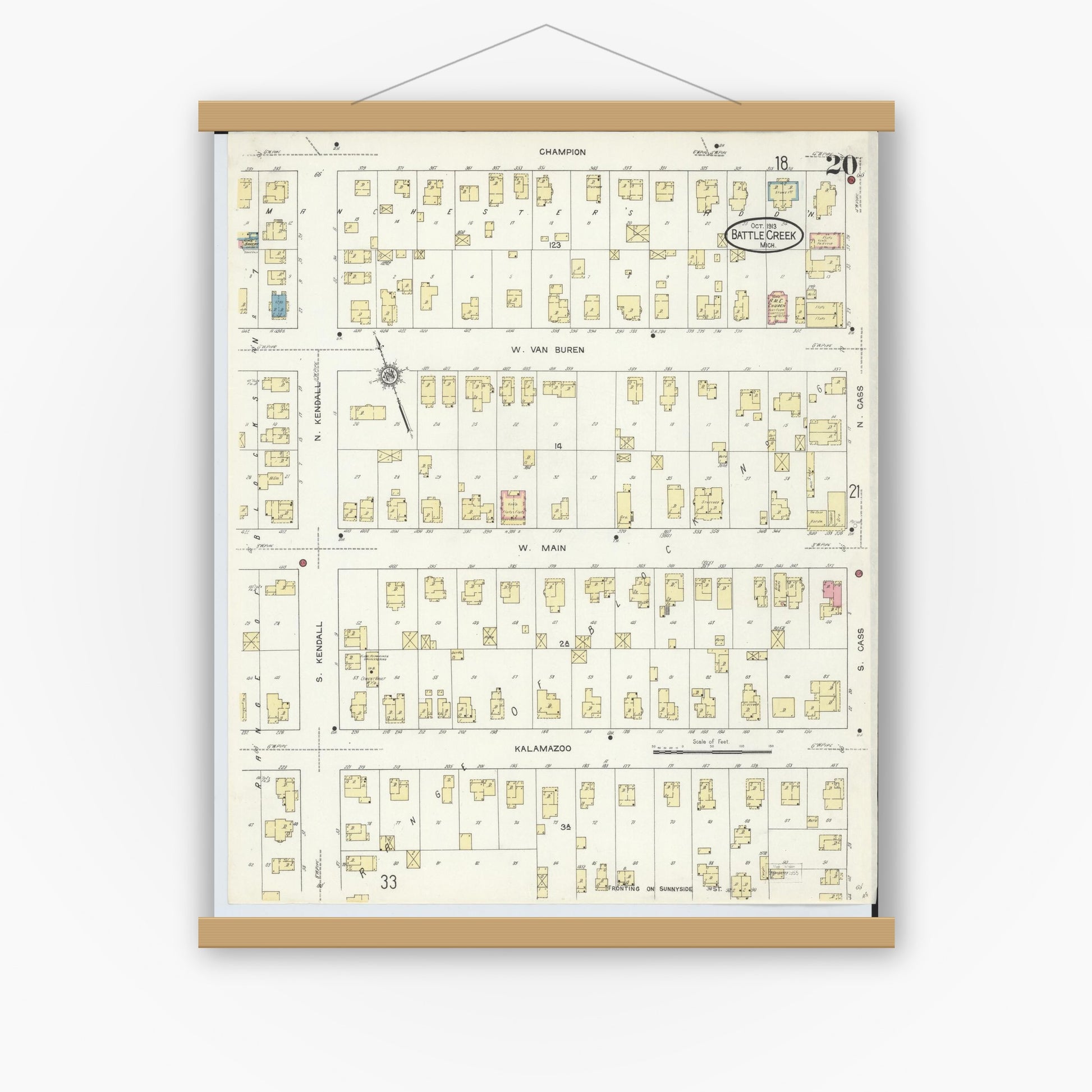 Old map wall art mockup — magnetic wood frame on white wall — Sanborn Fire Insurance Map from Battle Creek, Calhoun County, Michigan (1913), Sheet #0020