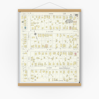 Old map wall art mockup — magnetic wood frame on white wall — Sanborn Fire Insurance Map from Battle Creek, Calhoun County, Michigan (1913), Sheet #0020