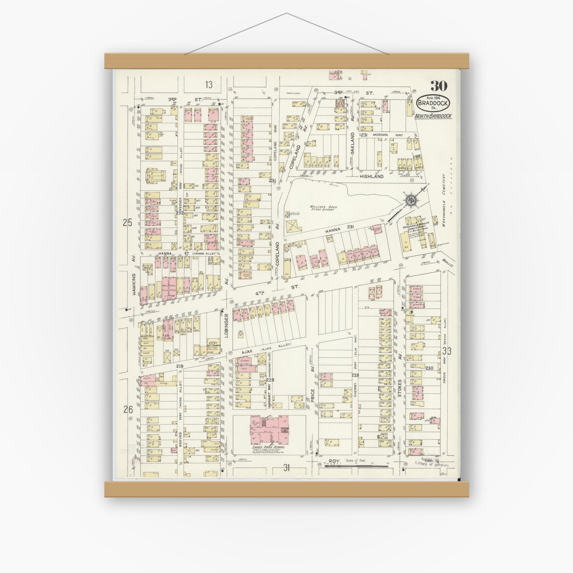 Old map wall art mockup — magnetic wood frame on white wall — Sanborn Fire Insurance Map from Braddock, Allegheny County, Pennsylvania (1914), Sheet #0030