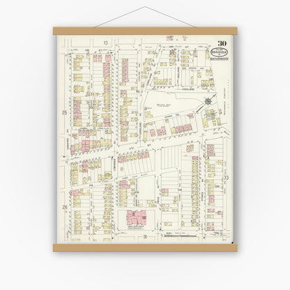 Old map wall art mockup — magnetic wood frame on white wall — Sanborn Fire Insurance Map from Braddock, Allegheny County, Pennsylvania (1914), Sheet #0030